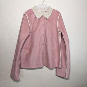 Vntg Pink Suede Coat Jacket XL Sherpa Lined Boxy Button Pocket USA Barbiecore